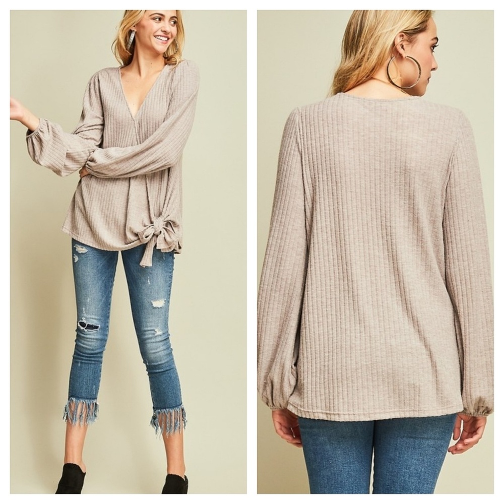 Oversized Ashley Ribbed Surplice Mocha Knit Top - Picture 2 of 2
